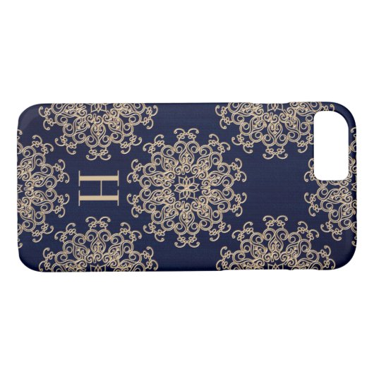 モノグラムのな濃紺および金ゴールドのエキゾチックな円形浮彫り Case-Mate iPhoneケース (裏面(横))