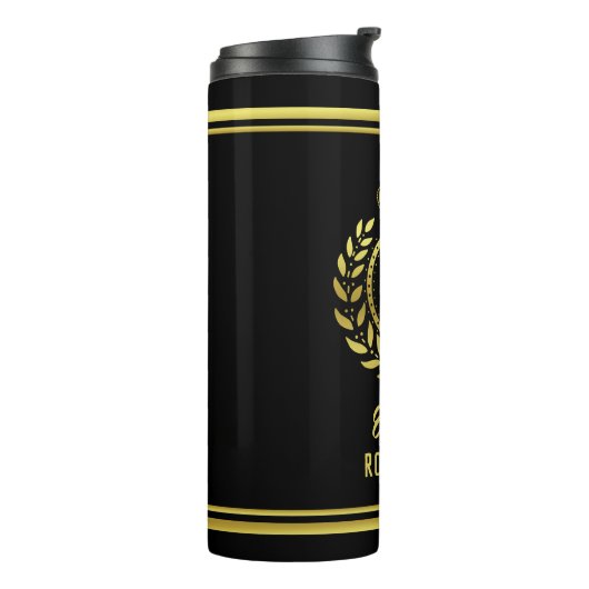 モノグラムのな王室のな王冠の月桂樹のリースの黒の金ゴールド タンブラー (回転左)