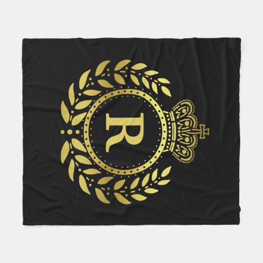 モノグラムのな王室のな王冠の月桂樹のリースの黒の金ゴールド フリースブランケット (正面(横))