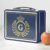 モノグラムのな王室のな王冠の月桂樹のリースの黒の金ゴールド メタルランチボックス (インサイチュ)