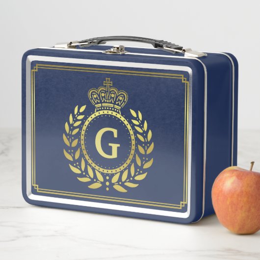 モノグラムのな王室のな王冠の月桂樹のリースの黒の金ゴールド メタルランチボックス (インサイチュ)