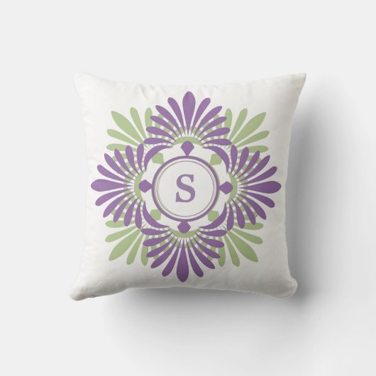 モノグラムのな紫色の緑のモダンな花パターン クッション (裏面)
