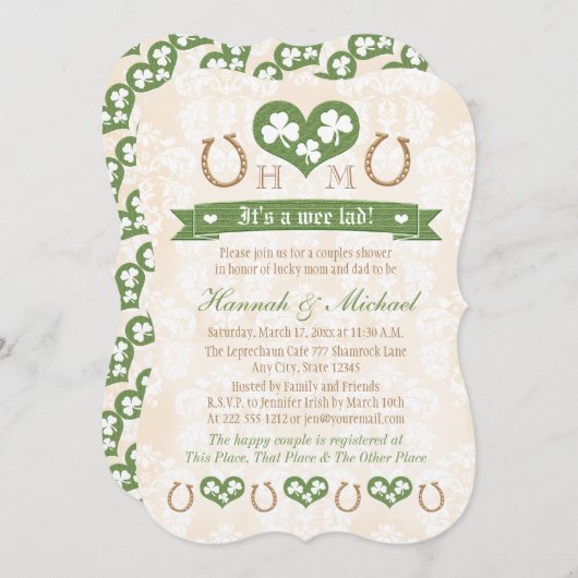 モノグラムのな蹄鉄のシャムロックはベビーシャワーをつなぎます 招待状 (正面/裏面)