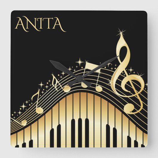 モノグラムのな音楽的なキーボード スクエア壁時計 (正面)