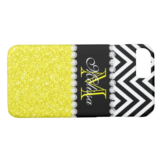 モノグラムのな黄色いグリッターの黒シェブロン Case-Mate iPhoneケース (裏面(横))