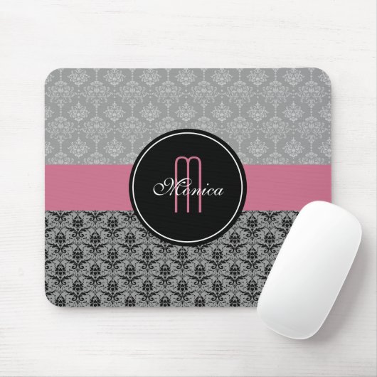 モノグラムのな黒い灰色のピンクのヴィンテージの花のダマスク織 マウスパッド (マウス)