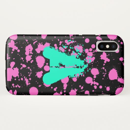 モノグラムのな黒および暗い赤紫色の(ばちゃばちゃ)跳ねるのペンキの芸術 Case-Mate iPhoneケース (裏面(横))