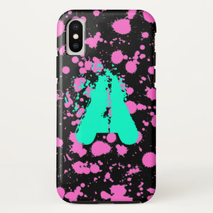 モノグラムのな黒および暗い赤紫色の（ばちゃばちゃ）跳ねるのペンキの iPhone X ケース