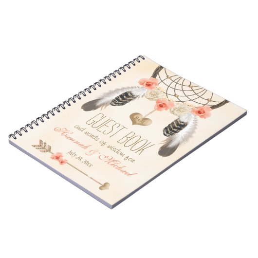 モノグラムのなBoho Dreamcatcherの結婚式の来客名簿 ノートブック (左側)