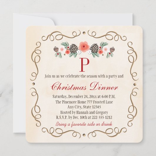 モノグラムのなPINECONEの月桂樹のクリスマスのディナー・パーティ 招待状 (正面)