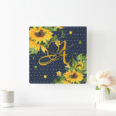 モノグラムのひまわりネイビーブルーイエローデコール スクエア壁時計 (ホーム)