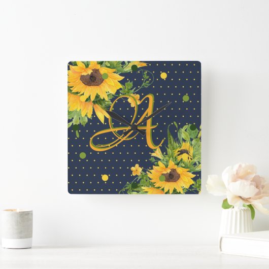 モノグラムのひまわりネイビーブルーイエローデコール スクエア壁時計 (ホーム)