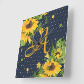 モノグラムのひまわりネイビーブルーイエローデコール スクエア壁時計 (傾斜)