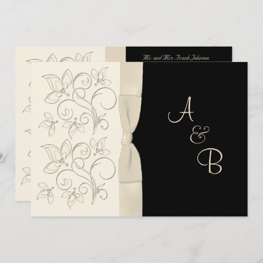 モノグラムのアイボリー、黒い花の結婚式招待状 招待状 (正面/裏面)