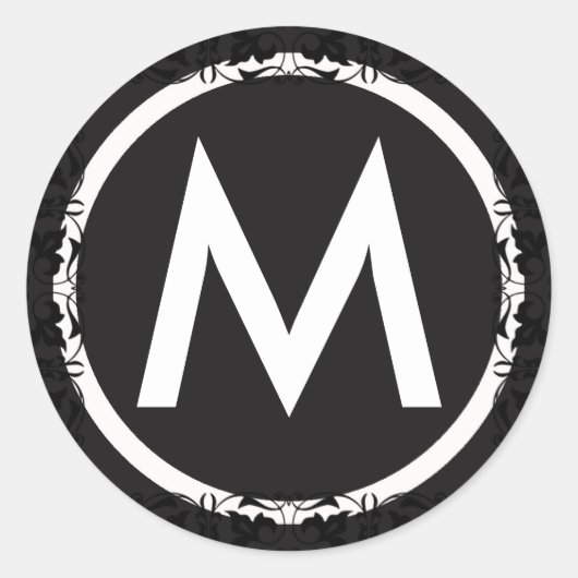 モノグラムのイニシャル白黒ステッカー ラウンドシール (正面)