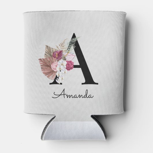 モノグラムのイニシャルAピンクボホガーリーフローラ 缶クーラー (正面)
