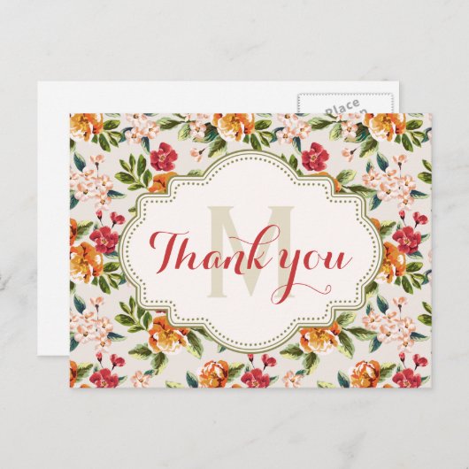 -モノグラムのエレガントで美しい花柄ありがとう ポストカード (正面/裏面)