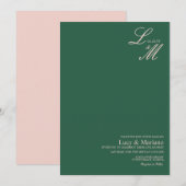 モノグラムのエレガントなスクリプトグリーンとピンクのウェディング 招待状 (正面/裏面)