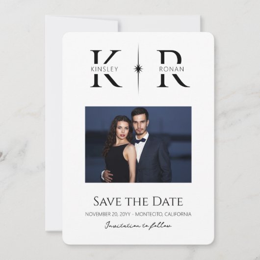 モノグラムのエレガントなフレア付き結婚式のSave the Date (正面)