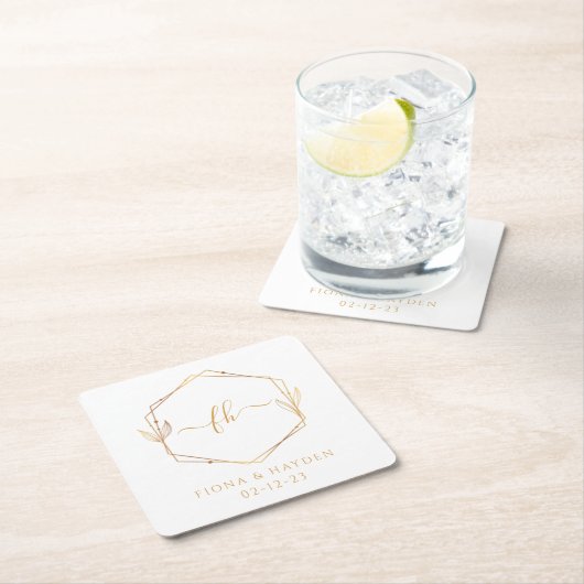 モノグラムのエレガント結婚白ミニマル金ゴールド スクエアペーパーコースター (インサイチュ)