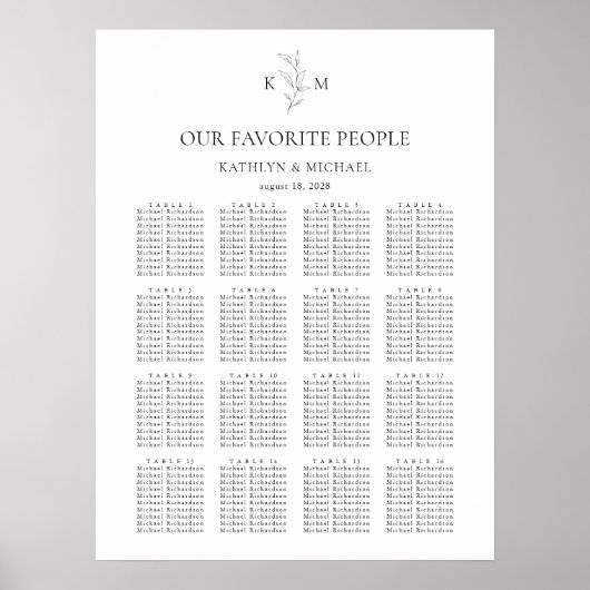 モノグラムのオリーブ結婚リーフの16テーブル座席表 ポスター (正面)