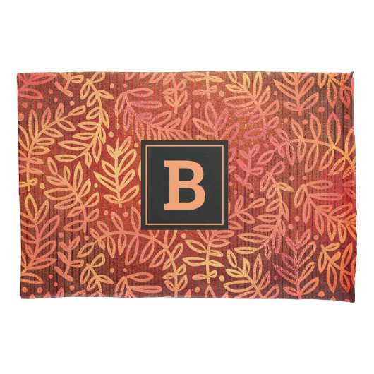 モノグラムのオレングラデーションジ金ゴールドの葉のパタモダンーン 枕カバー (正面)