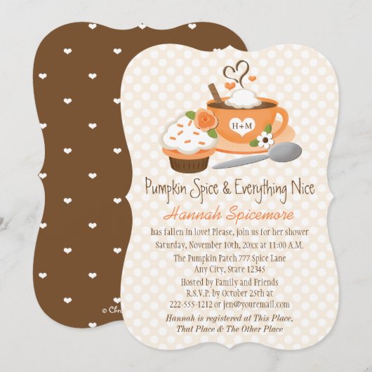 モノグラムのオータムパンプキンスパイス ブライダルシャワー 招待状 (正面/裏面)