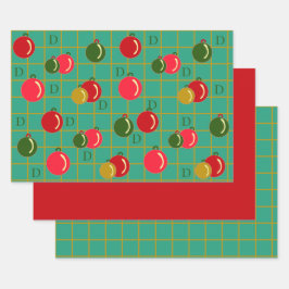 モノグラムのオーナメントレッド、グリーンクリスマス ラッピングペーパーシート