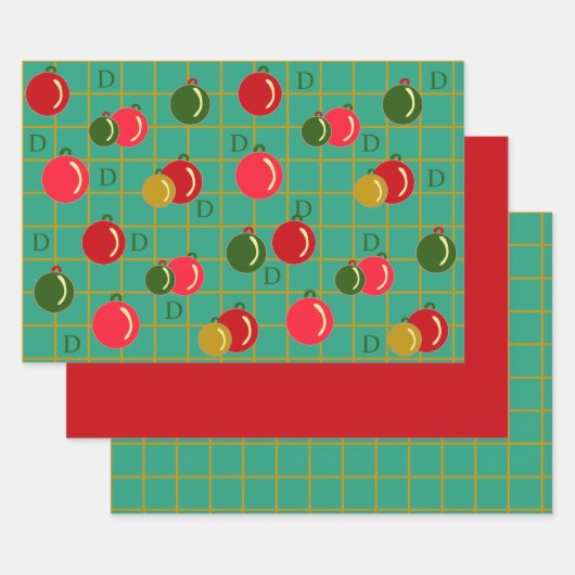 モノグラムのオーナメントレッド、グリーンクリスマス ラッピングペーパーシート (セット)