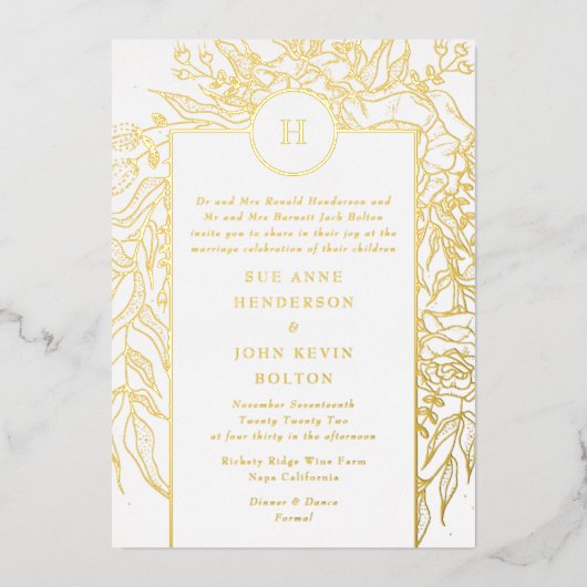 モノグラムのカス実在タマイズ金ゴールド結婚リース 箔招待状 (正面)