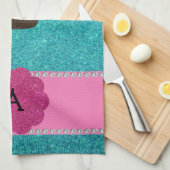モノグラムのカップケーキのターコイズのグリッター キッチンタオル (四つ折り)
