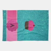 モノグラムのカップケーキのターコイズのグリッター キッチンタオル (横)