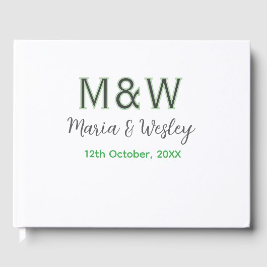 モノグラムのカップル灰色のモダン緑のロマンチックな日付si ゲストブック (正面)