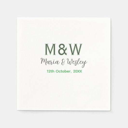 モノグラムのカップル灰色のモダン緑のロマンチックな日付si スタンダードカクテルナプキン (正面)
