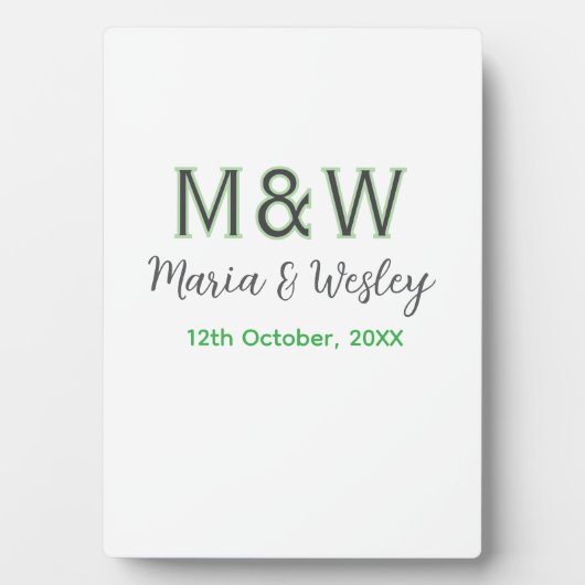 モノグラムのカップル灰色のモダン緑のロマンチックな日付si フォトプラーク (正面)