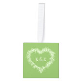 モノグラムのカップル緑のヤドリギのハート写真 キューブオーナメント (正面)