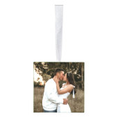 モノグラムのカップル緑のヤドリギのハート写真 キューブオーナメント (右)