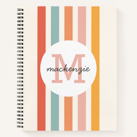 モノグラムのカラフルストライプレトロパーソナライズされた ノートブック (正面)