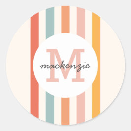 モノグラムのカラフルストライプレトロパーソナライズされた ラウンドシール