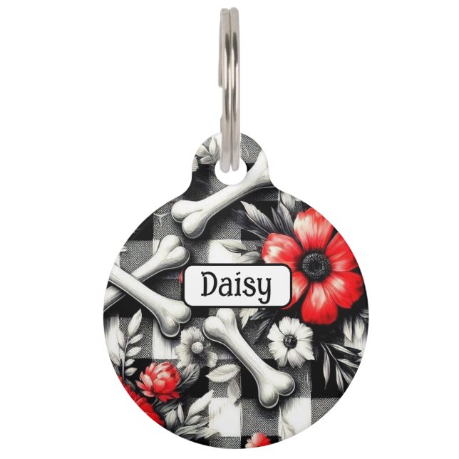 モノグラムのギンガムチェック 黒 白 赤 花柄 ペット　ネームタグ (正面)