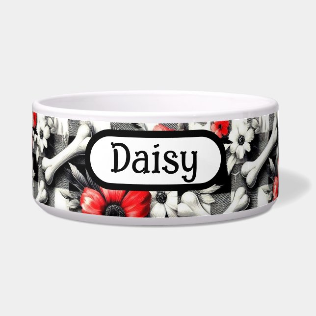 モノグラムのギンガムチェック 黒 白 赤 花柄 ボウル (正面)