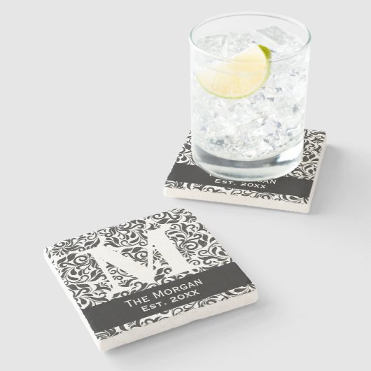 モノグラムのクラシックなダマスク織の姓の印 ストーンコースター (横)