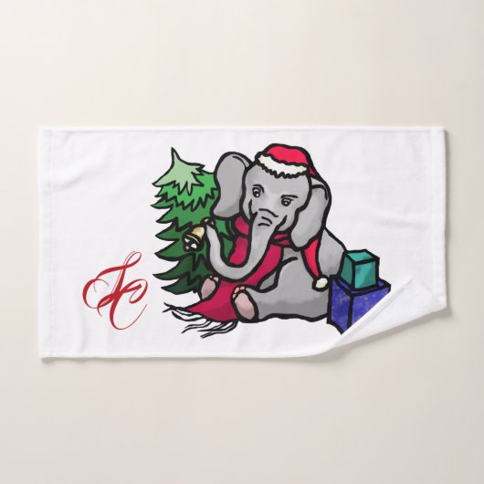 モノグラムのクリスマスのサンタ愛らしい象 ハンドタオル (ハンドタオル)