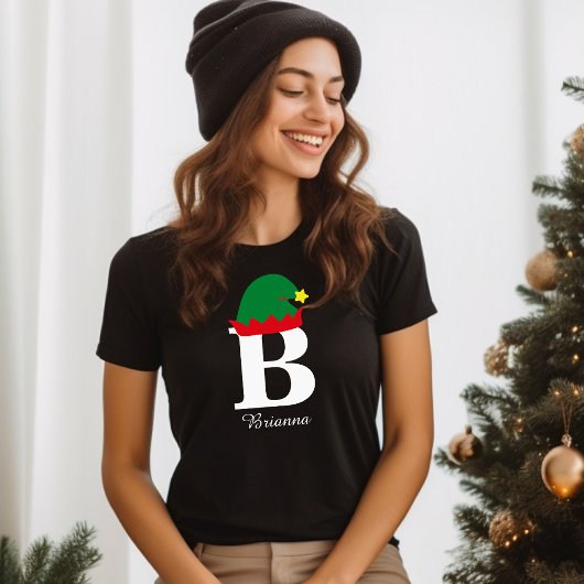 モノグラムのクリスマスの名前シャツ、小妖精や小人帽子、家族 Tシャツ