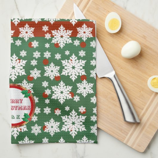 モノグラムのクリスマスの雪片のデザイン キッチンタオル (四つ折り)