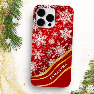 モノグラムのクリスマスレッド金ゴールドホワイトスノーフレーク Case-Mate iPhone 14 PRO MAXケース