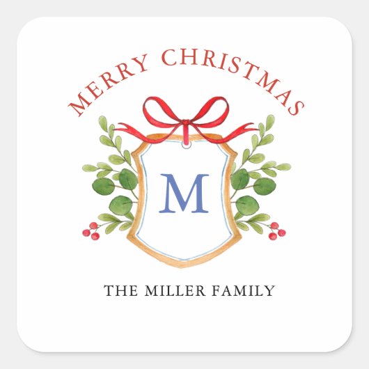 モノグラムのクレストとグリーン 季節の祝い スクエアシール (正面)