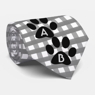 モノグラムのグレー市松模様にパターンw Pet Paw Print ネクタイ