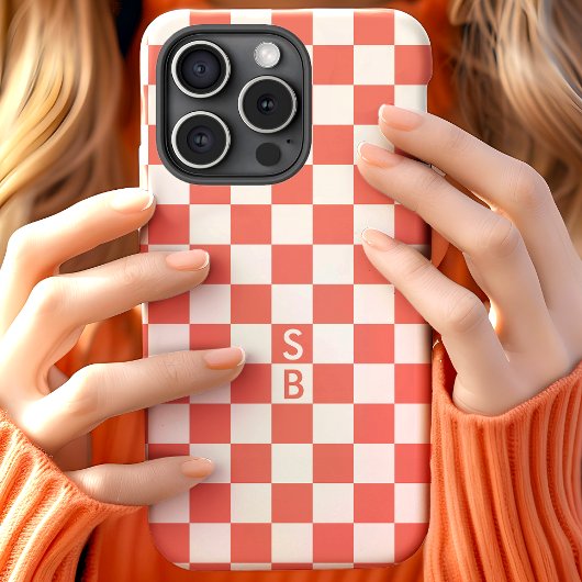 モノグラムのサンゴと白のチェック柄 Case-Mate iPhoneケース