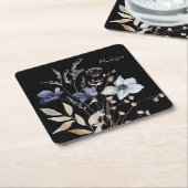 モノグラムのシックかわいらしウォーターカラーブルーフローラ スクエアペーパーコースター (アングル)